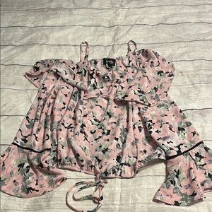 Trendy Pink Floral Blouse with Black Details